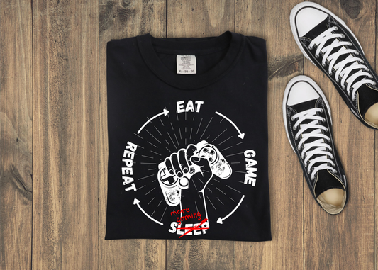 Eat Game Repeat Kids Black Tee | Kid Gamer T-Shirt